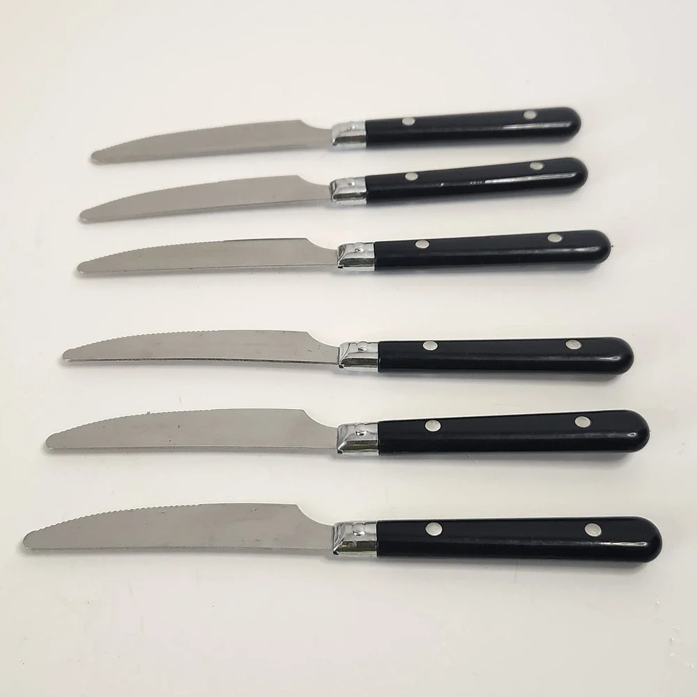 6 Vtg Black Plastic Handle 2-Rivet Stainless Steel Serrated Steak Dinner Knives